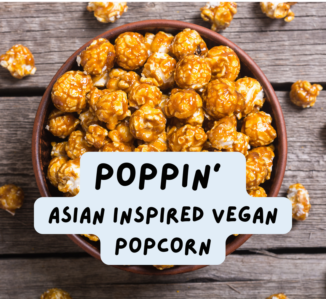 PopCornaa Asian inspired vegan caramel popcorn in a bowl on wooden background
