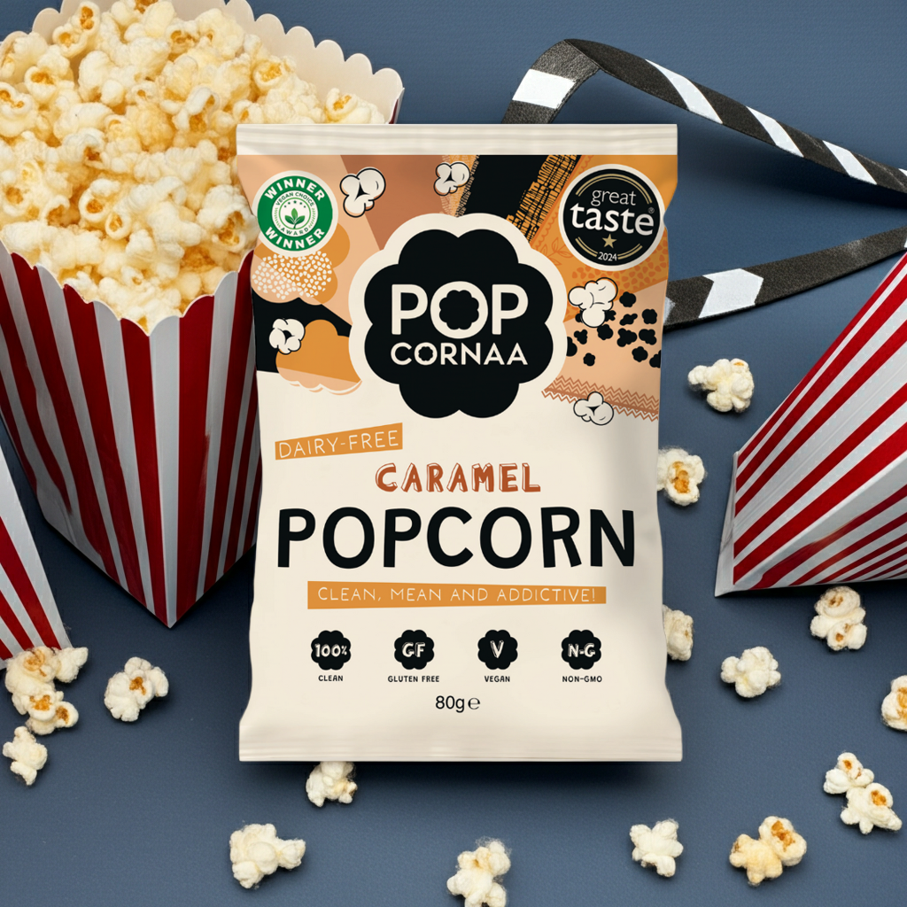 Popcorn bag labeled 'Pop Cornaa' with popcorn and movie theater elements on a blue background