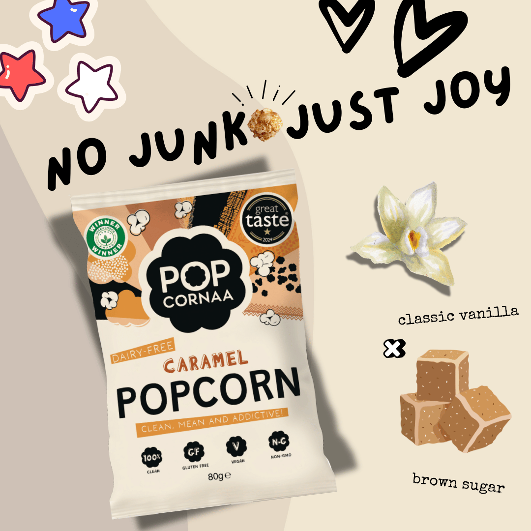 Popcorn bag with 'Pop Cornaa' branding on a beige background with decorative elements.