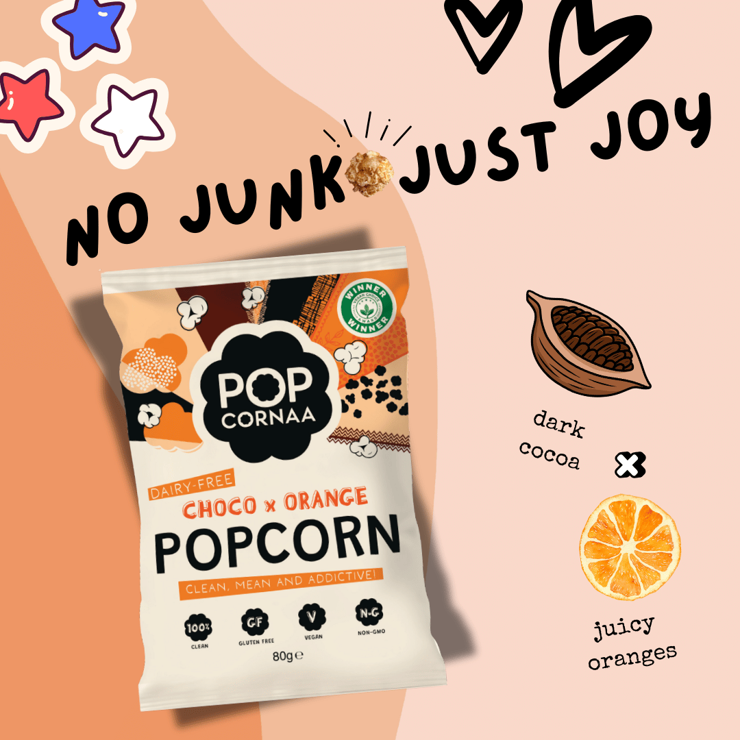 Popcorn bag with 'Pop Cornaaa' branding on a pink background with decorative elements.