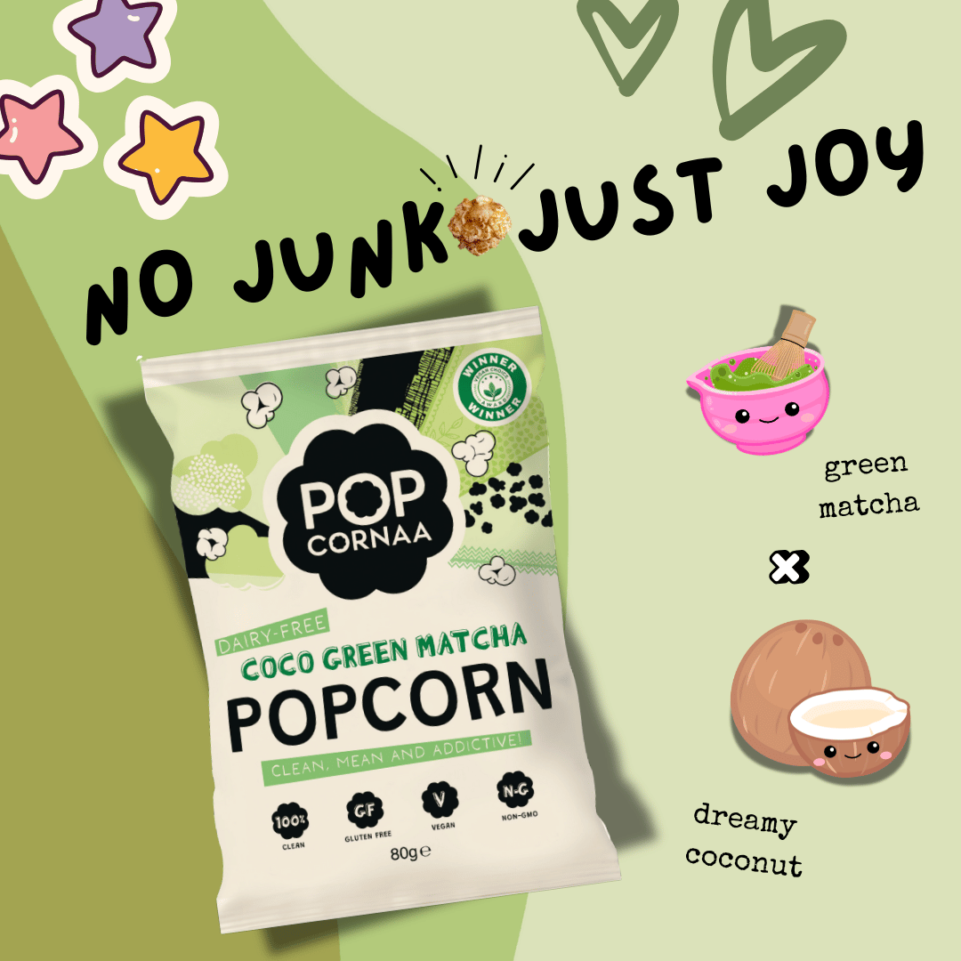 Popcorn bag with green matcha and coconut flavor on a green background with decorative elements.