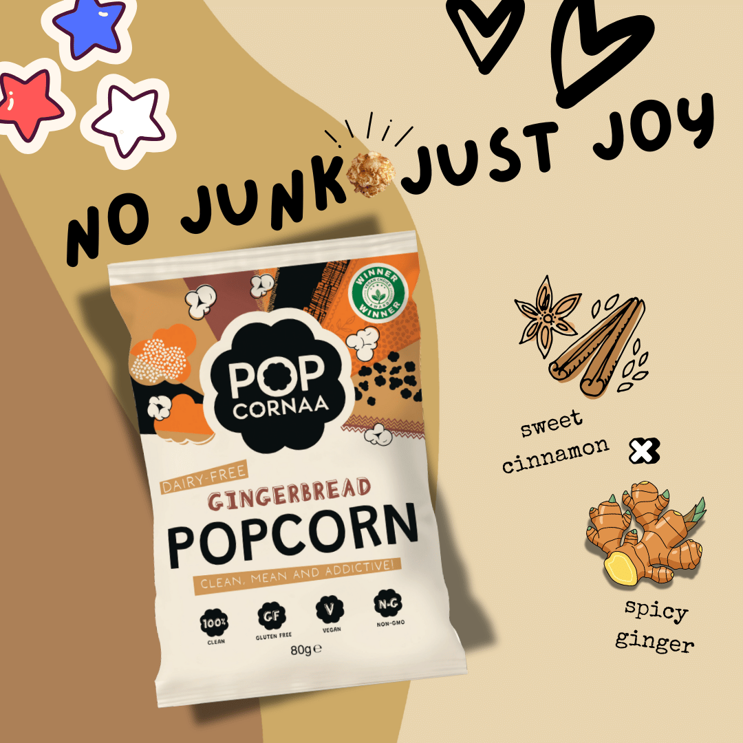 Popcorn bag labeled 'Gingerbread Popcorn' with decorative elements on a beige background