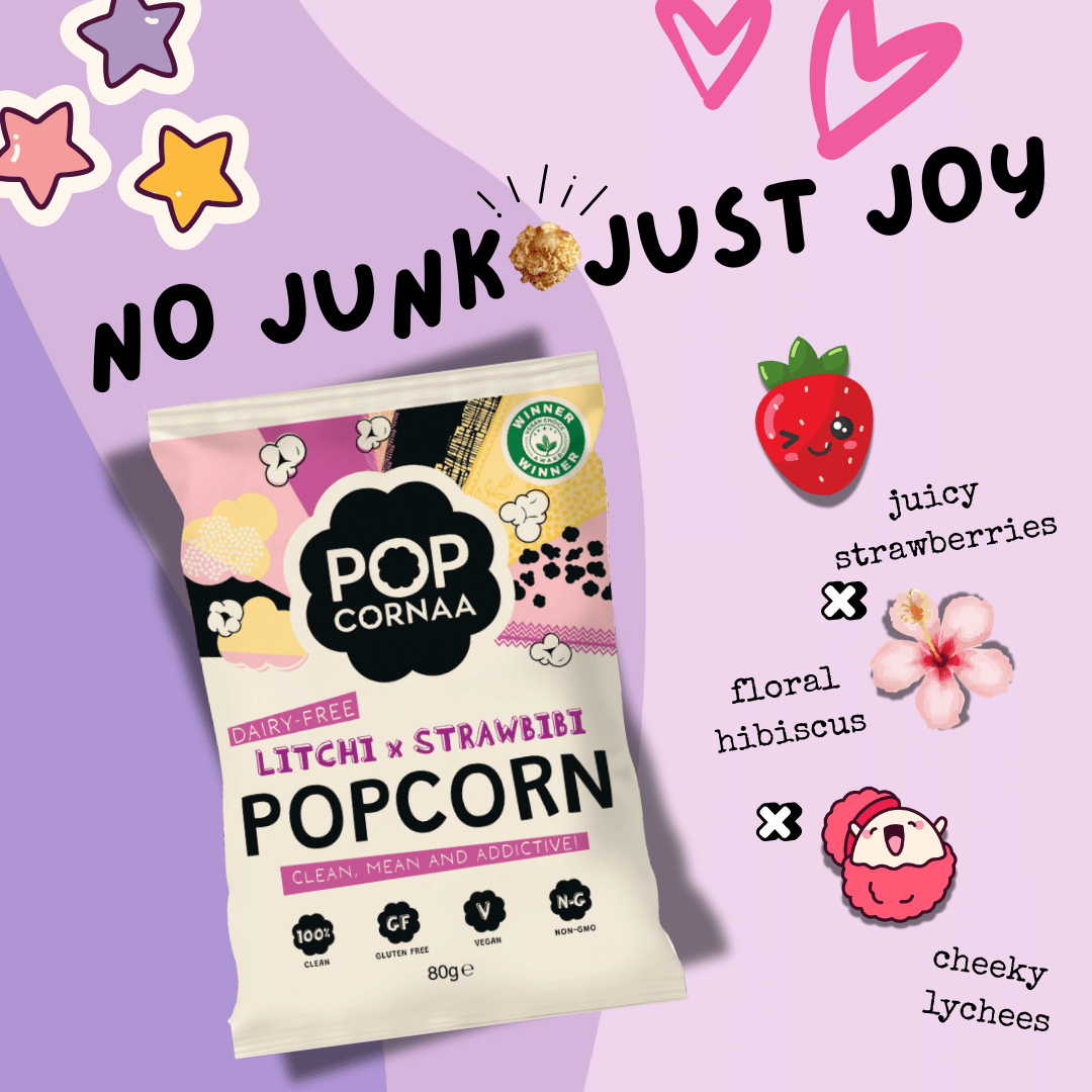 Popcorn bag with 'Pop Cornaa' branding on a purple background with decorative elements.