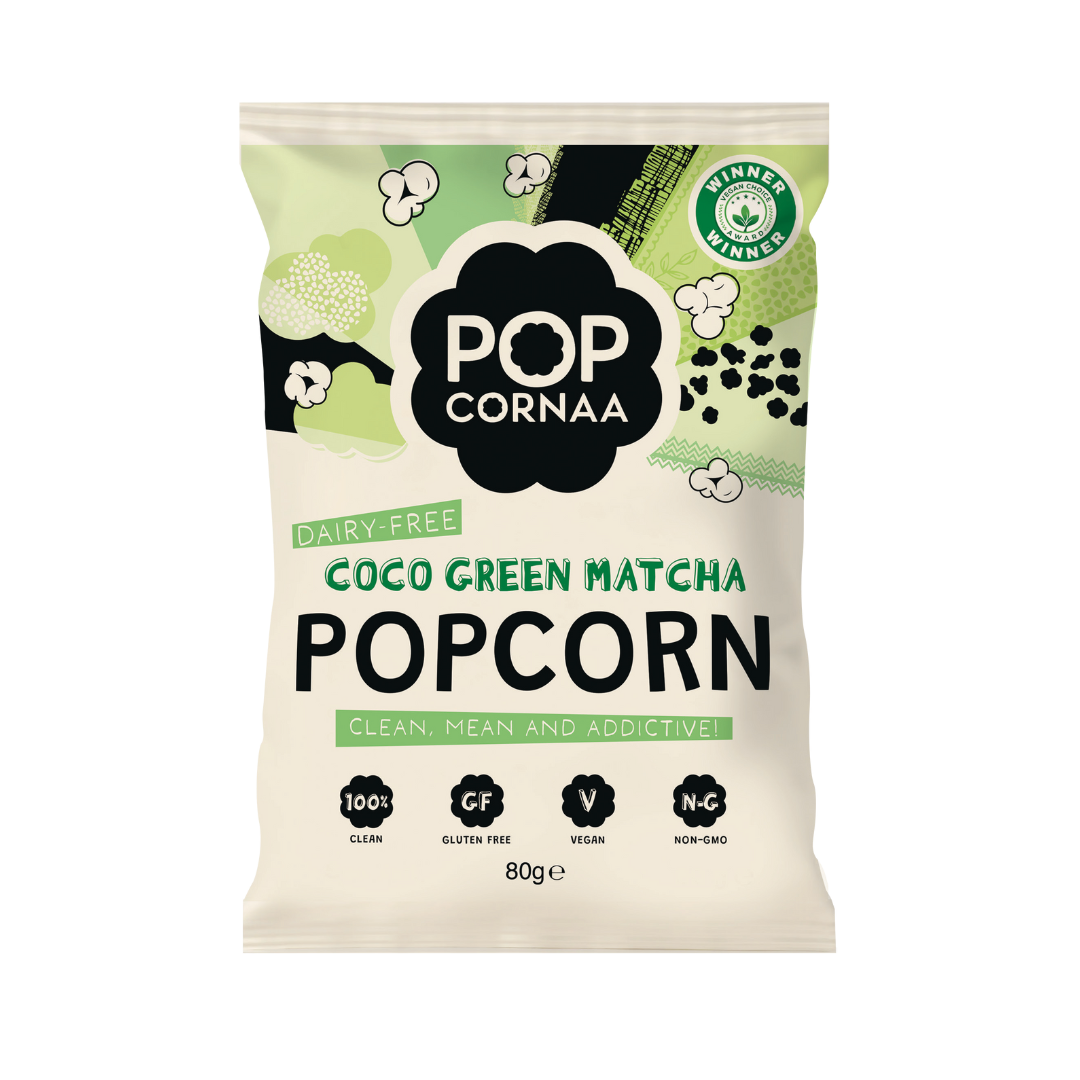 Packaging of Pop Cornaa Coco Green Matcha Popcorn on a white background