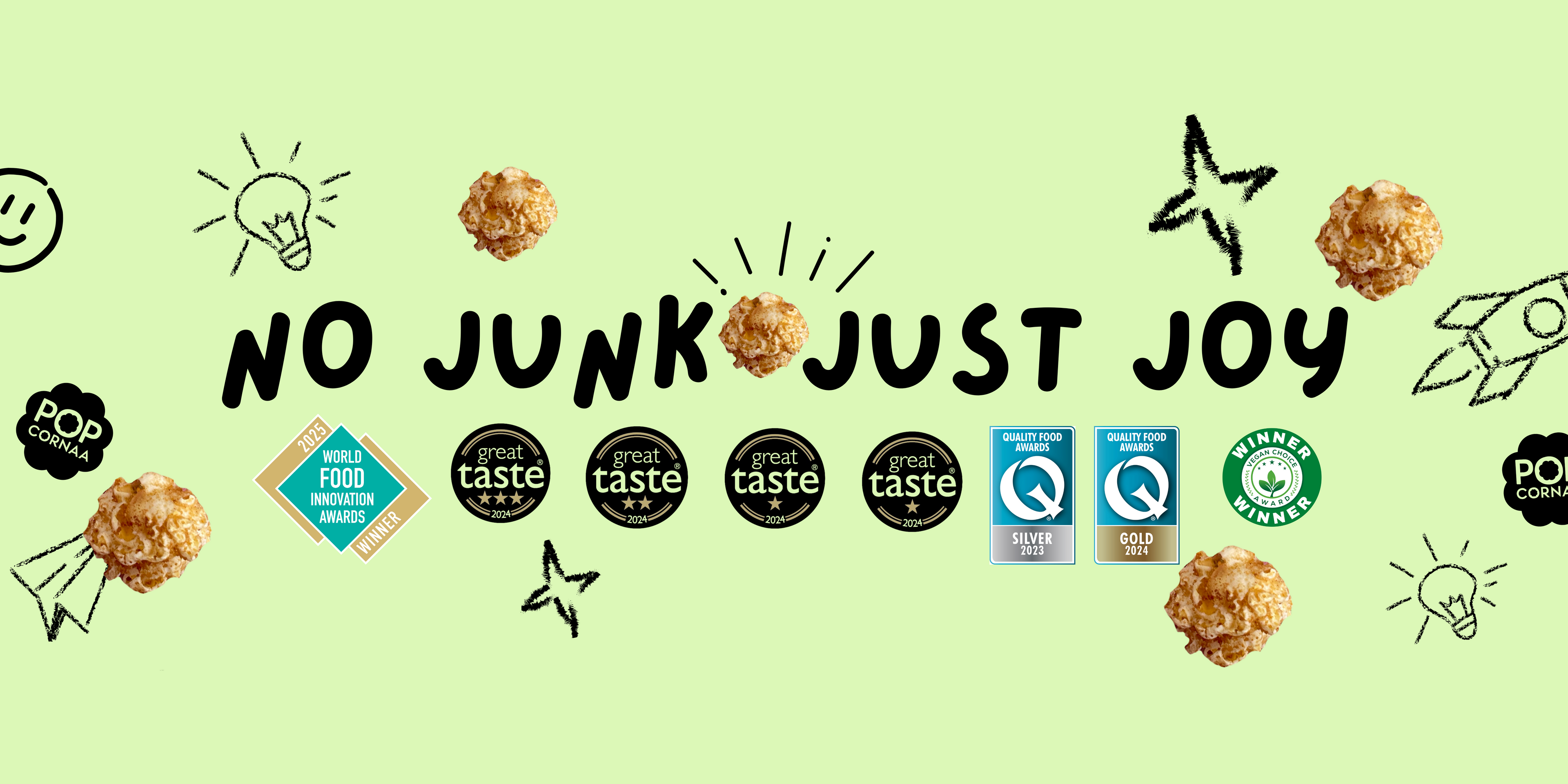 Promotional banner with 'No Junk Just Joy' text and various logos on a light green background.