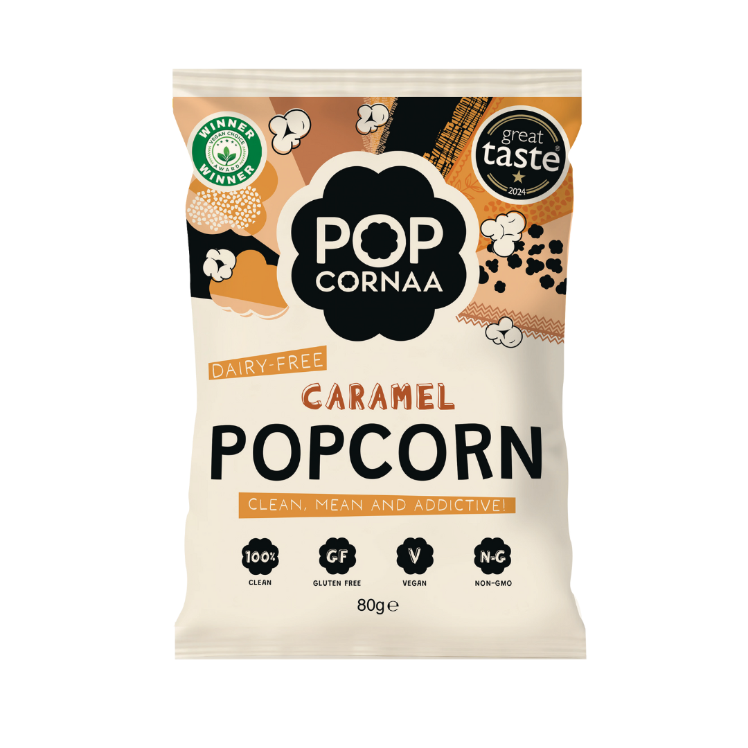 Packaging of Pop Cornnaa caramel popcorn on a white background