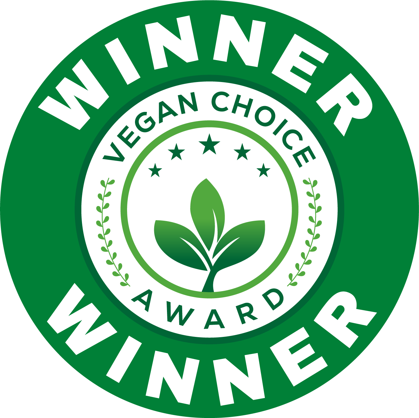 PopCornaa Winner badge for Vegan Choice Award with green leaves and text on a white background