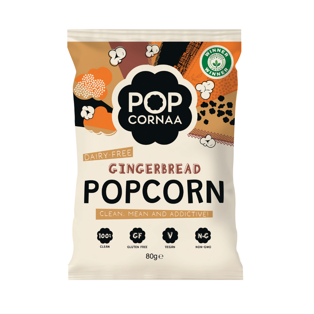 Packaging of Pop Cornaa Gingerbread Popcorn on a white background