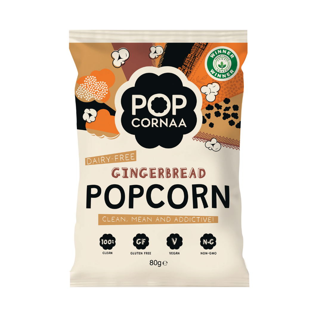 Packaging of Pop Cornaa Gingerbread Popcorn on a white background