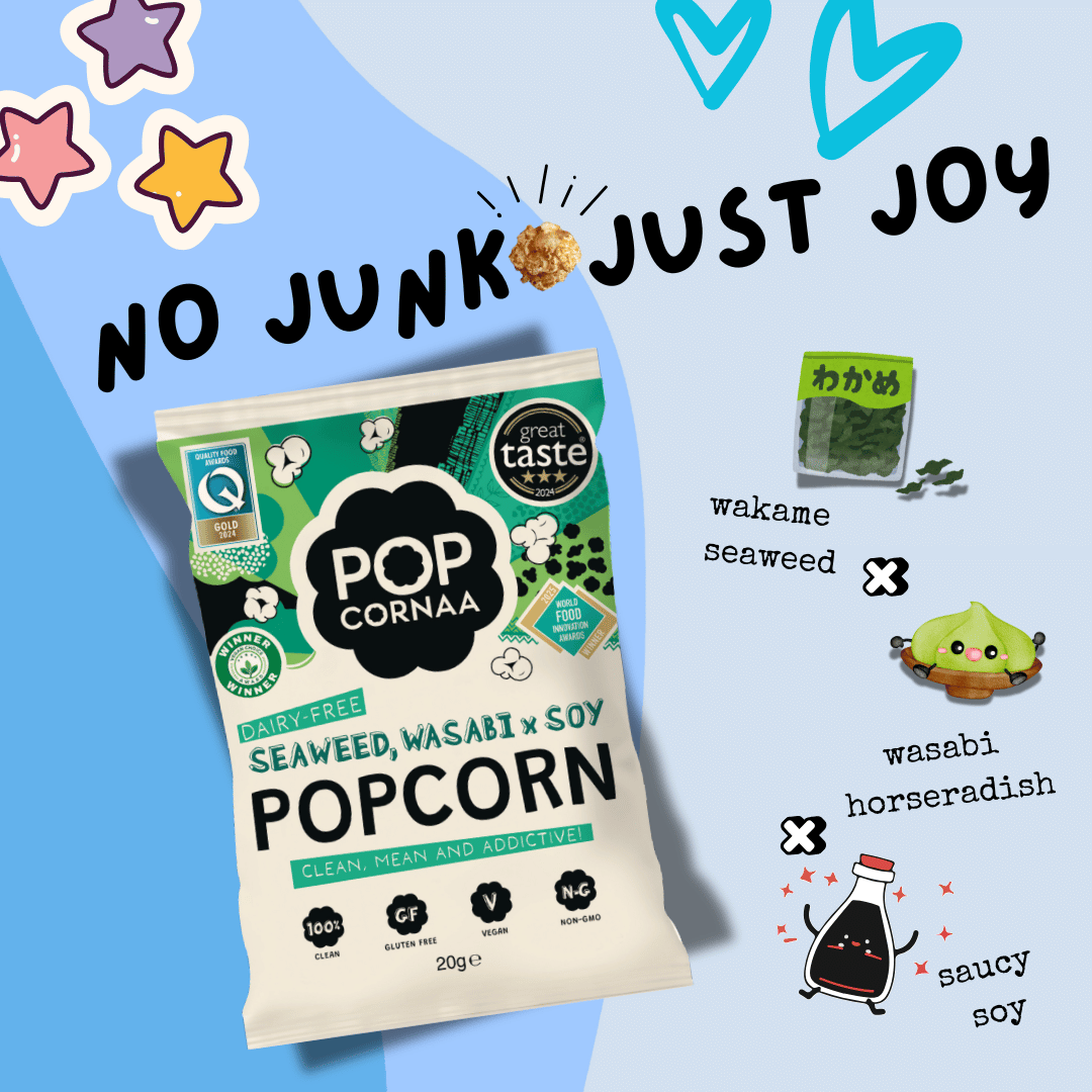 Popcorn bag with seaweed, wasabi, and soy flavoring on a blue background with decorative elements.