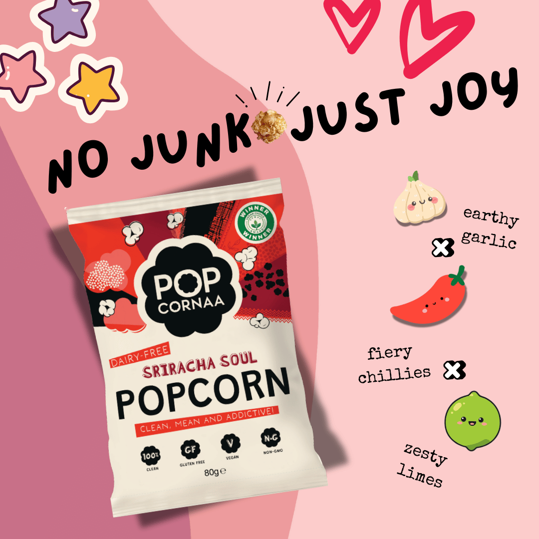 Popcorn bag with 'Pop Cornaa' branding on a pink background with decorative elements.