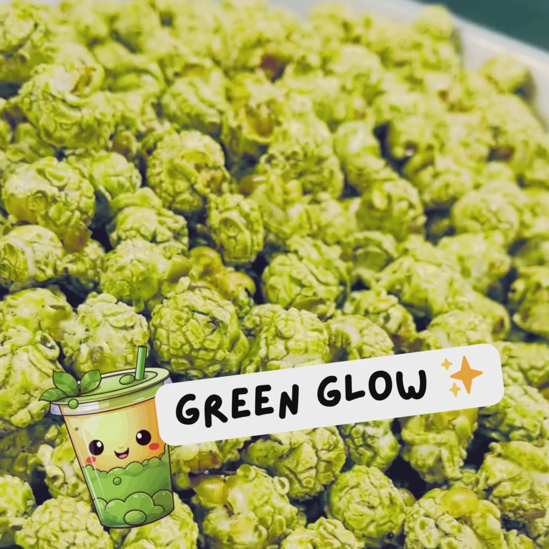 PopCornaa Coco Green Matcha popcorn on a plate wide pan shot