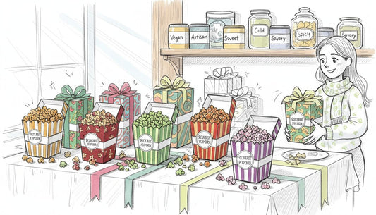 Assorted gourmet popcorn gift boxes on table