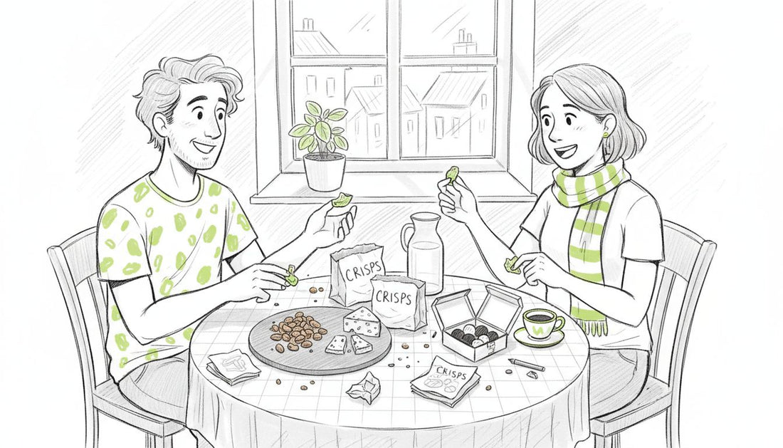 Friends sampling gourmet snacks at table