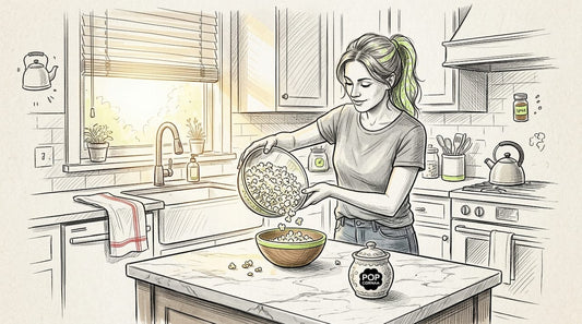 Woman preparing air-popped popcorn in home kitchen