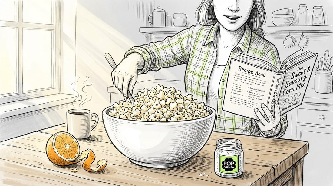 Woman mixing sweet and savoury popcorn in kitchen