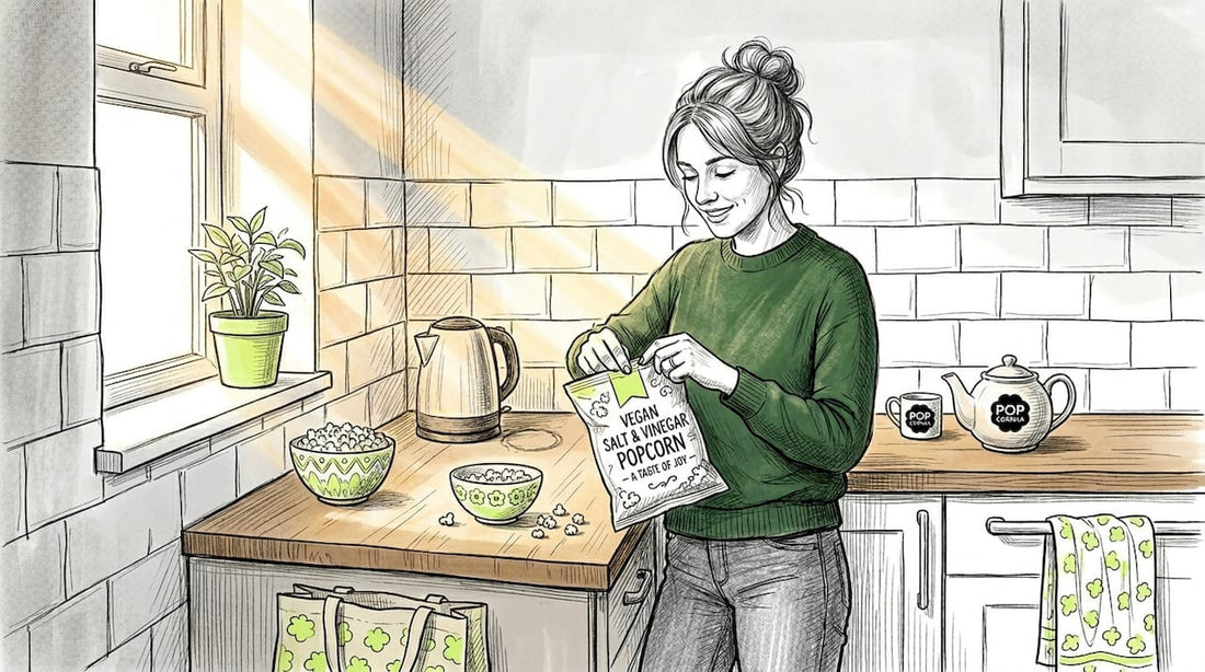 Woman opening vegan popcorn package in kitchen
