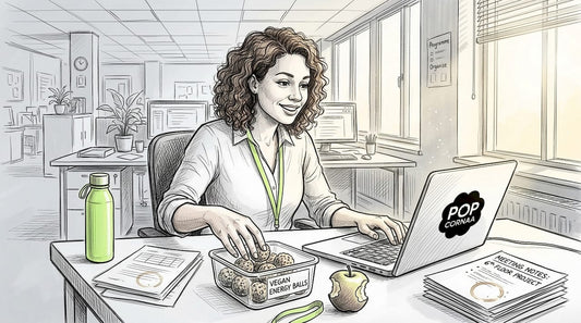 Woman working with vegan snacks at office desk