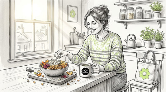 Woman sampling gourmet plant-based snacks in kitchen