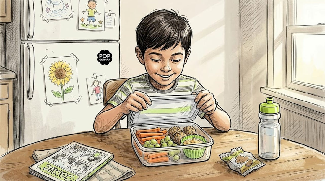 Child opening vegan lunchbox with snacks