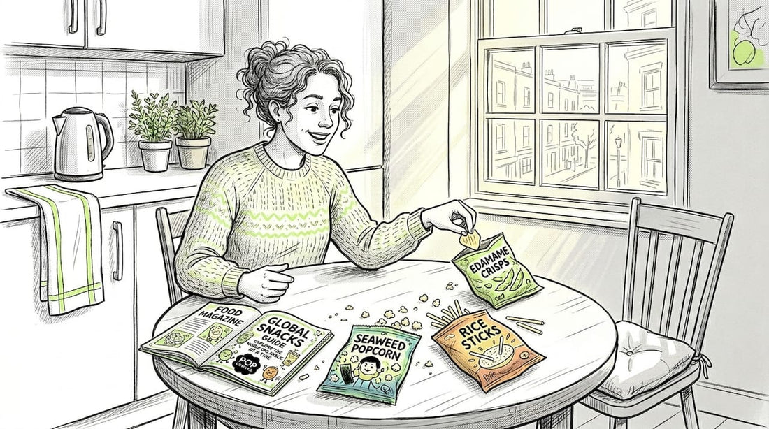Woman sampling Asian vegan snacks at kitchen table