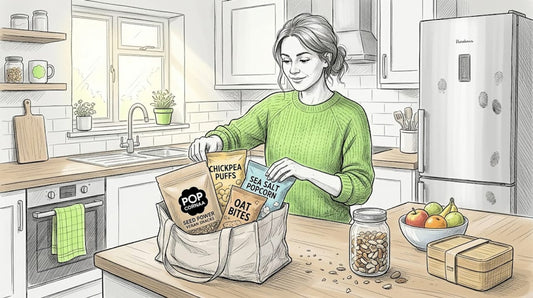 Woman unpacking sustainable vegan snacks in kitchen