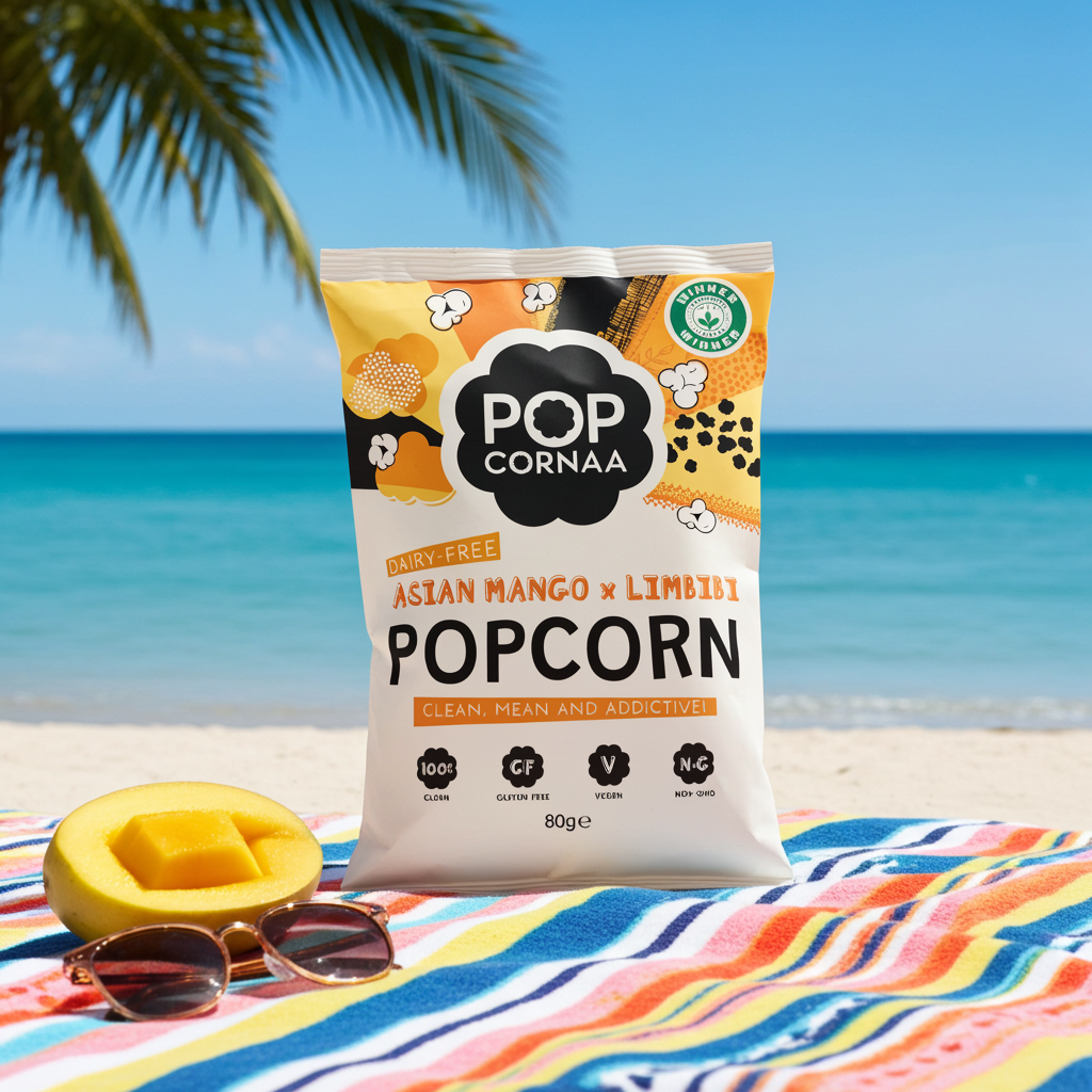 Packaged popcorn with 'Pop Cornaa' branding on a beach setting