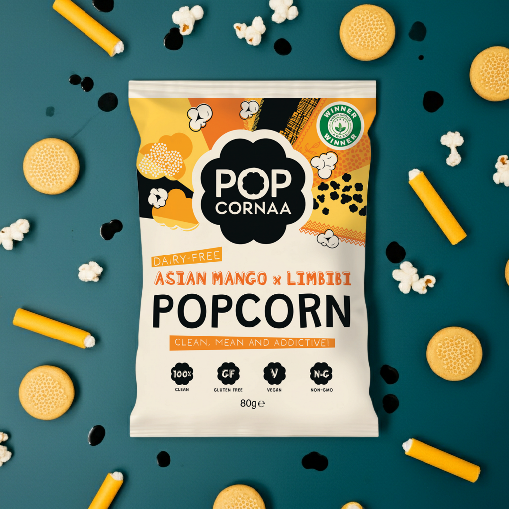 Popcorn bag with 'Pop Cornaa' branding on a blue background with snacks around