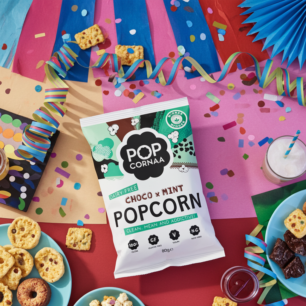 Popcorn packet with snacks and party decorations on a colorful background
