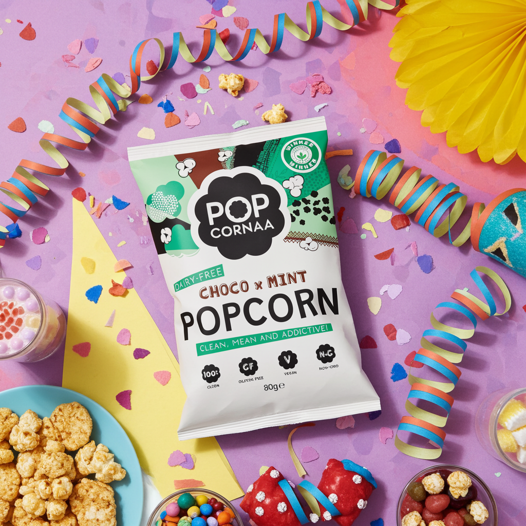 Bag of Pop Cornaa Choco Mint Popcorn on a colorful background with popcorn and candy.