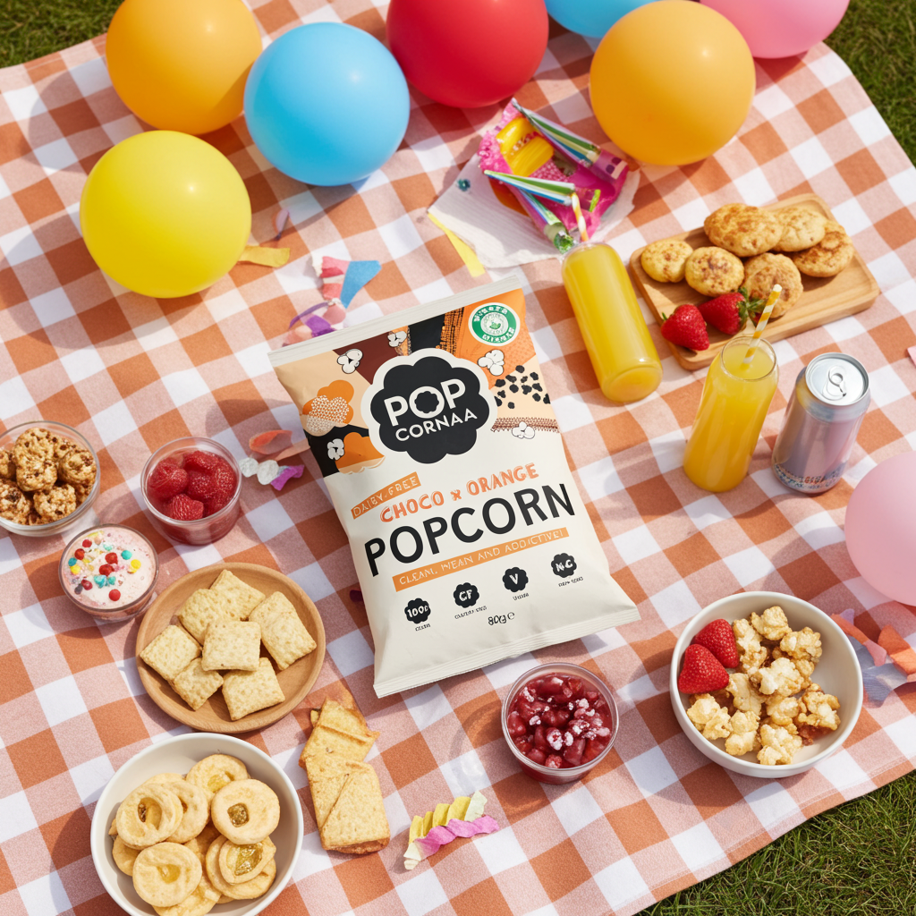 Popcorn bag on a checkered picnic blanket with snacks and balloons