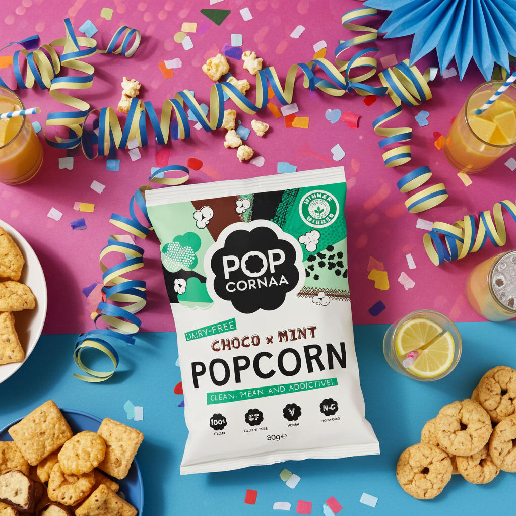 Bag of Pop Cornaa Choco Mint popcorn on a colorful background with snacks and drinks.