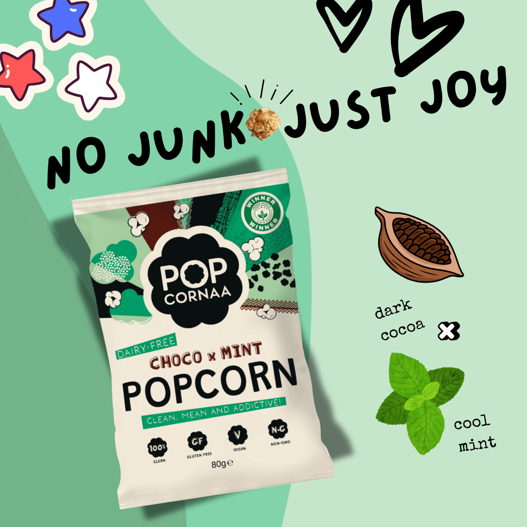 Popcorn bag with 'Pop Cornaa' branding on a green background with decorative elements.