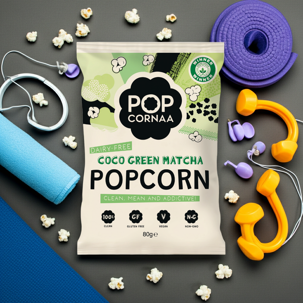 Popcorn bag with green and black design on a dark surface with gym accessories around