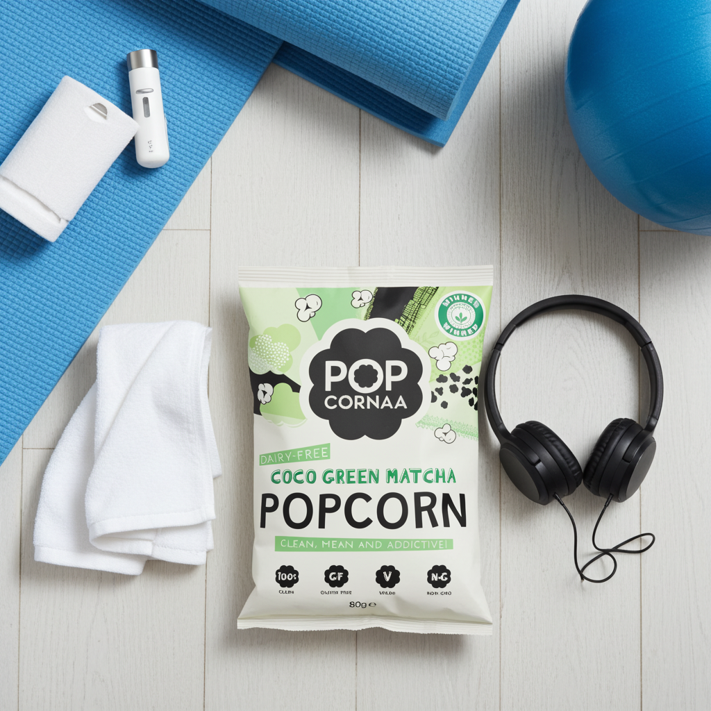 Packaged popcorn with fitness equipment on a wooden surface