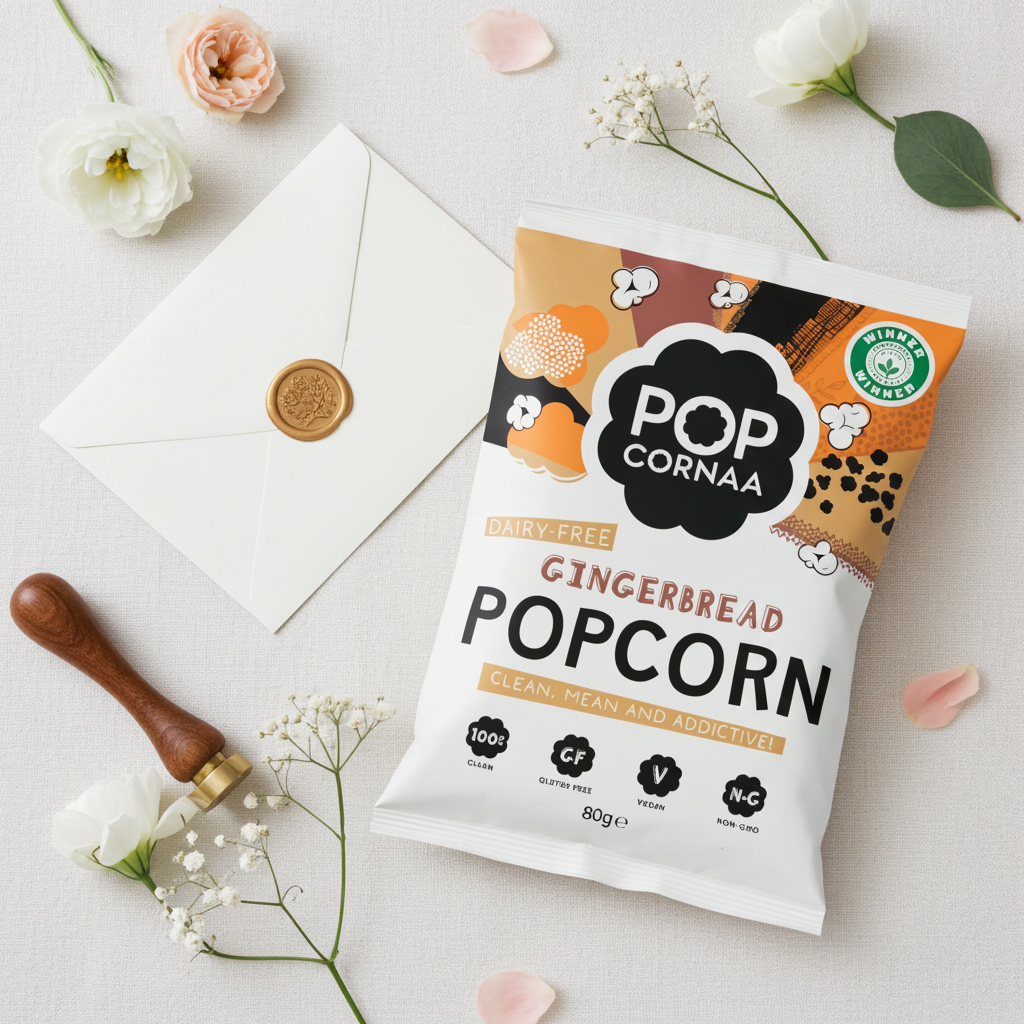 Packaging of Pop Cornaa gingerbread popcorn with flowers and an envelope on a light background