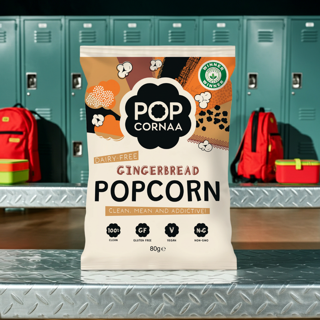 Bag of Pop Cornaa Gingerbread Popcorn in front of green lockers with red backpacks.