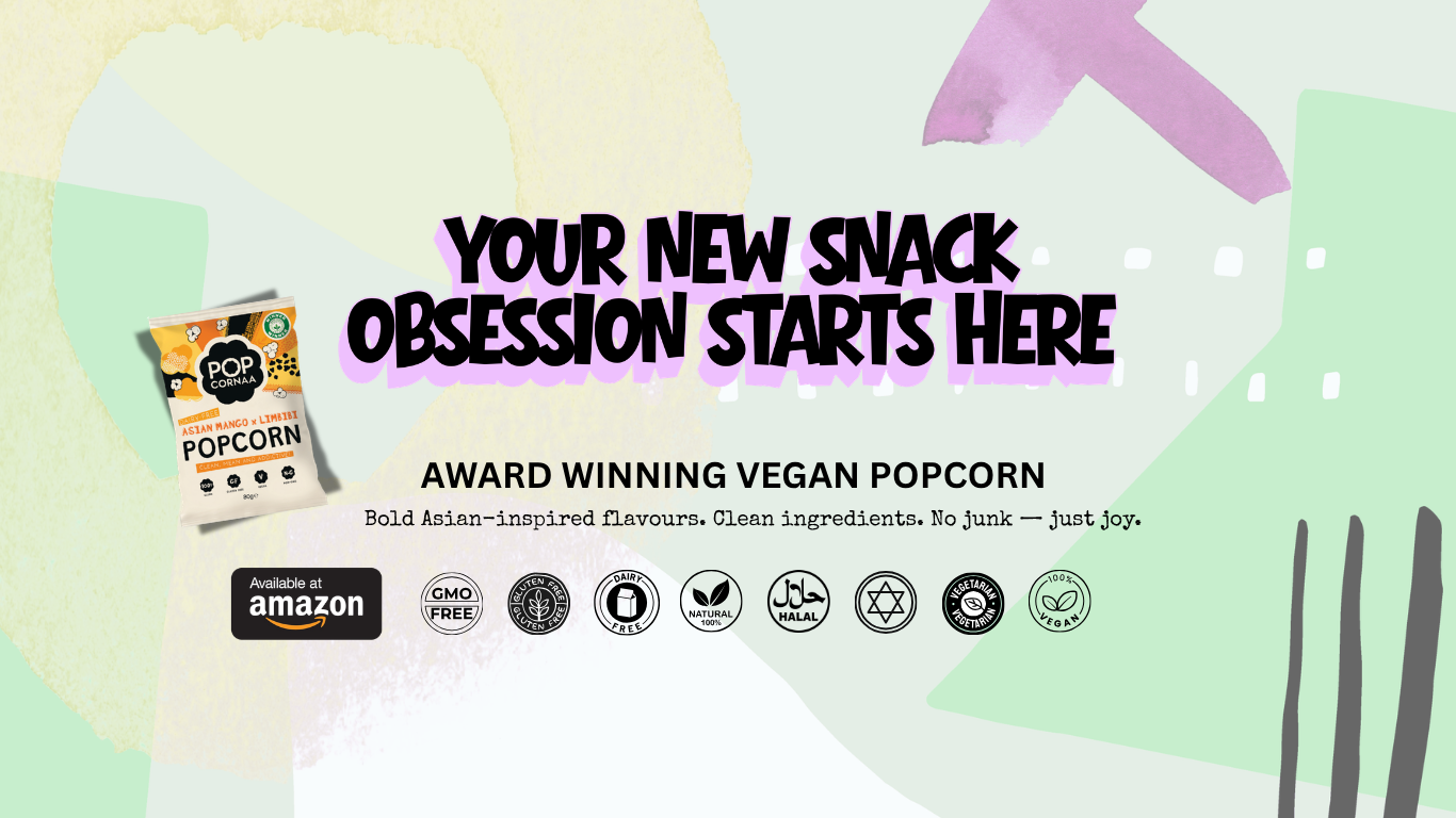 PopCornaa Advertisement for vegan popcorn with packaging and branding elements on a colorful background