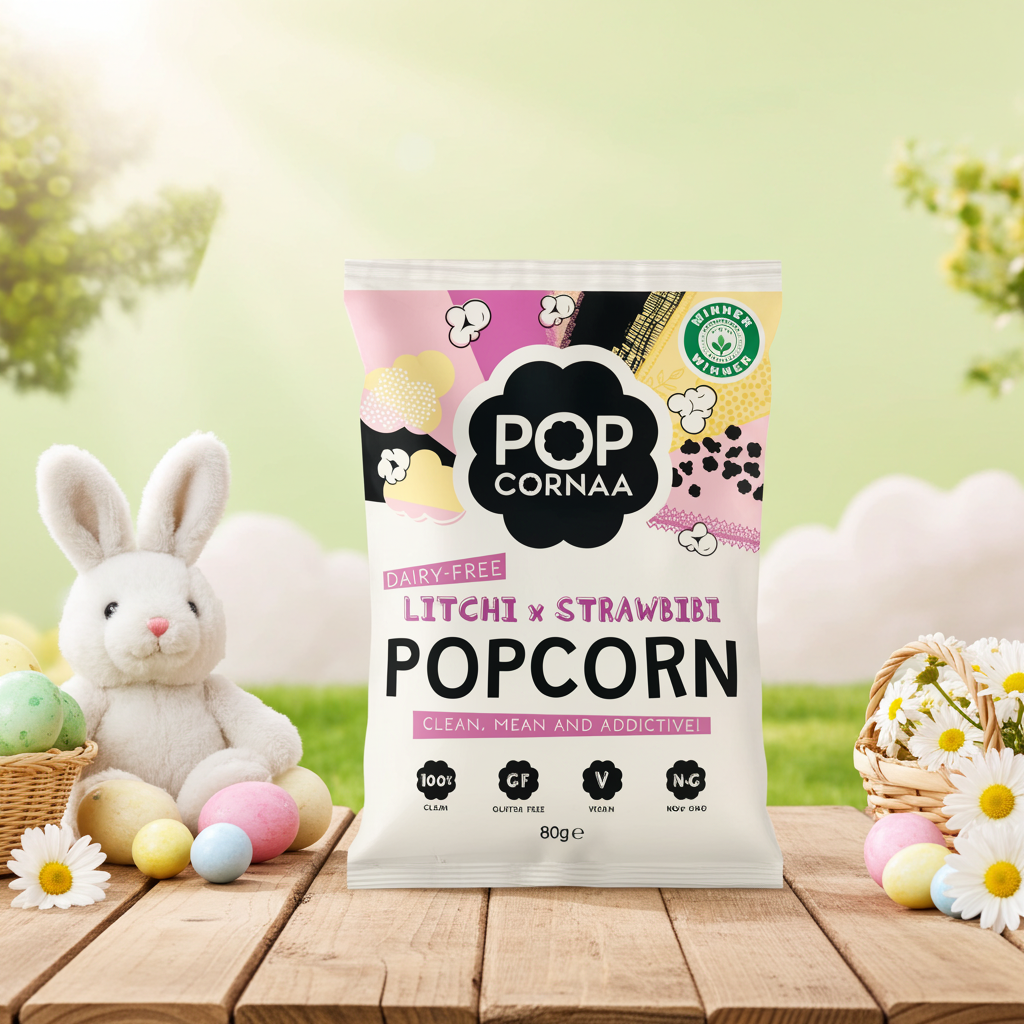 Popcorn bag with a bunny and Easter eggs on a wooden table
