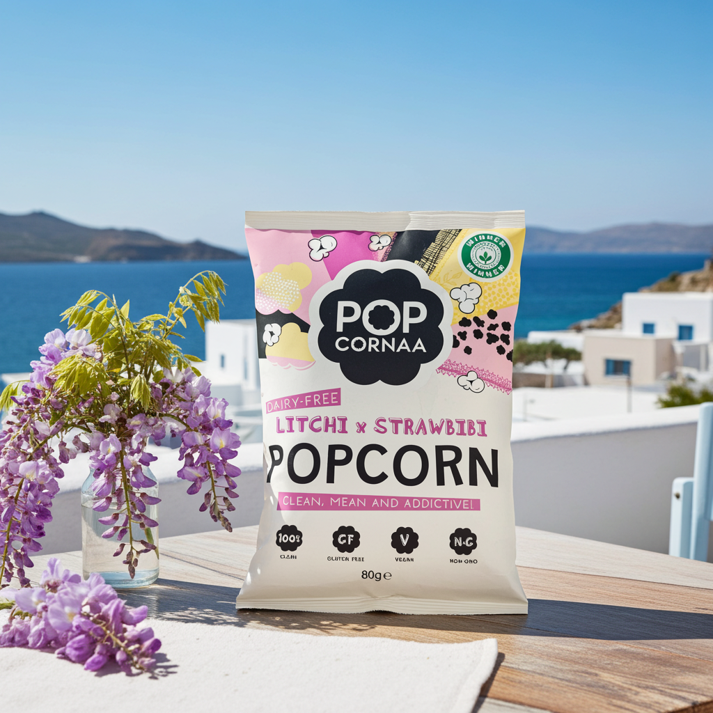 Popcorn bag with 'Pop Cornaa' branding on a table with flowers and ocean view