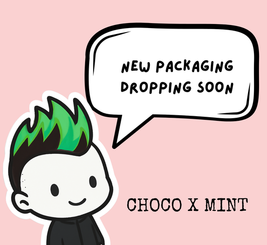 Cartoon character with green hair and a speech bubble saying 'New packaging dropping soon' on a pink background.