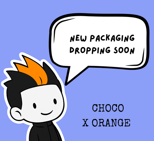 Cartoon character with orange hair and a speech bubble saying 'New packaging dropping soon CHOCO X ORANGE' on a blue background.