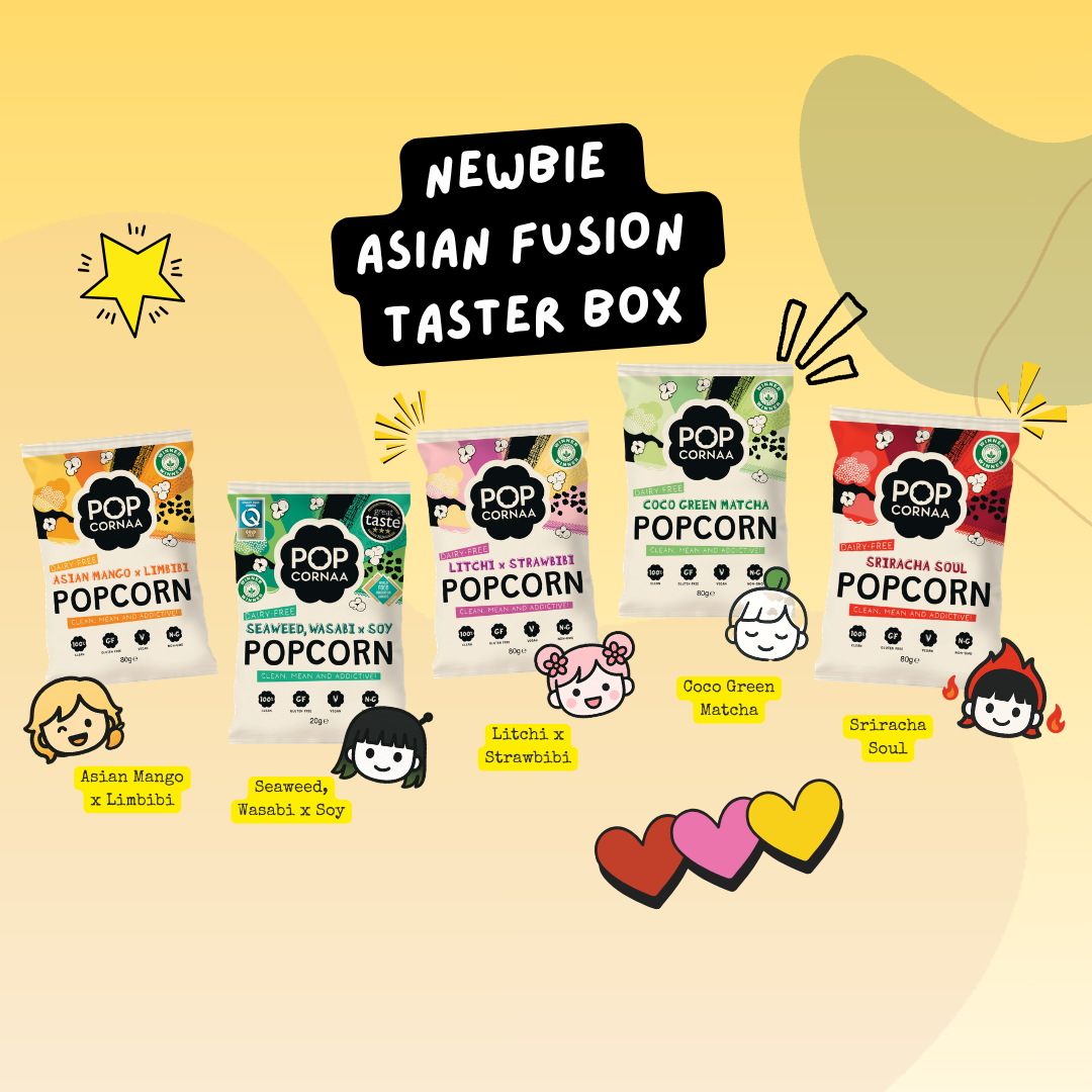 Collection of popcorn packages with colorful labels on a yellow background, featuring the text 'Newbie Asian Fusion Taster Box'.