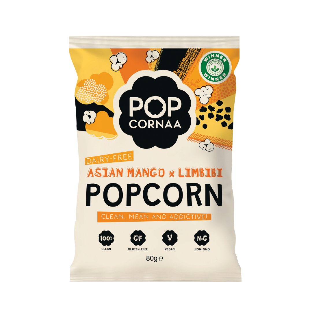 Popcorn bag with Pop Cornaa Asian Mango x Limbibi branding on a white background