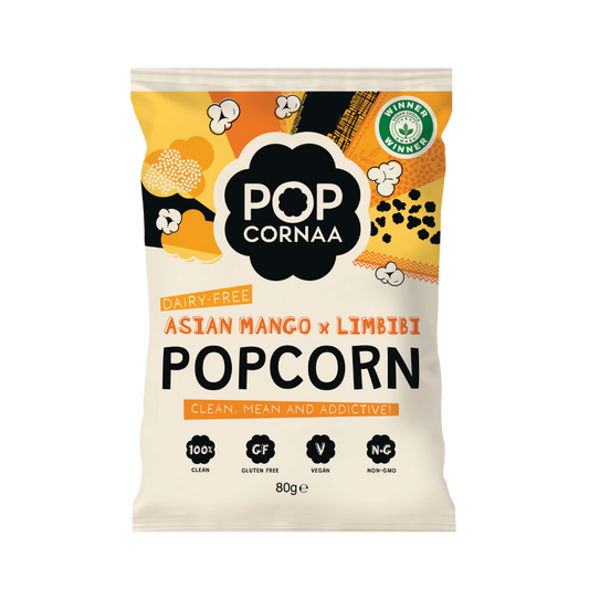 Popcorn bag with Pop Cornaa Asian Mango x Limbibi branding on a white background