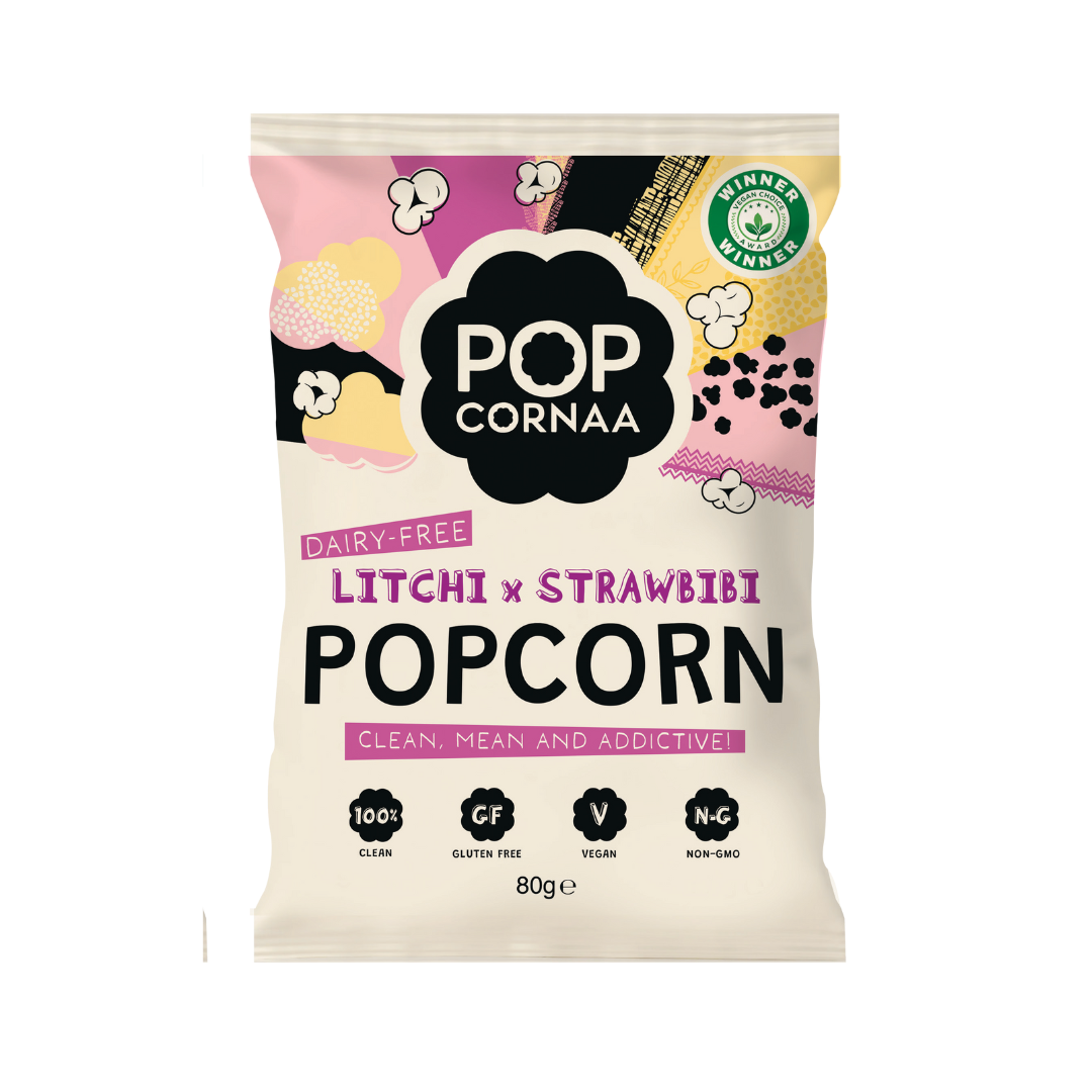 Popcorn bag with Pop Cornaa Litchi x Strawbibi  branding on a white background