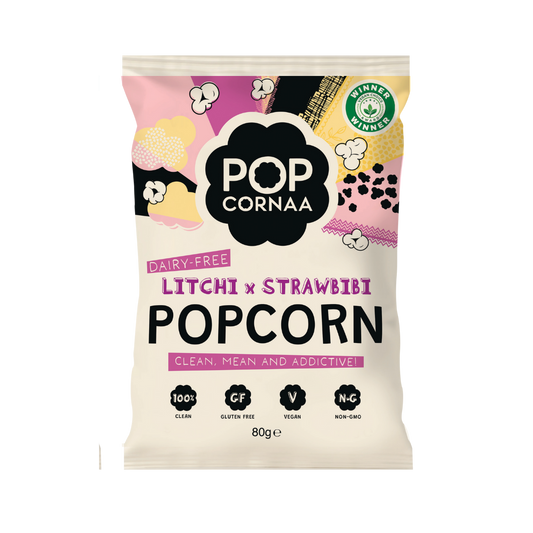 Popcorn bag with Pop Cornaa Litchi x Strawbibi  branding on a white background