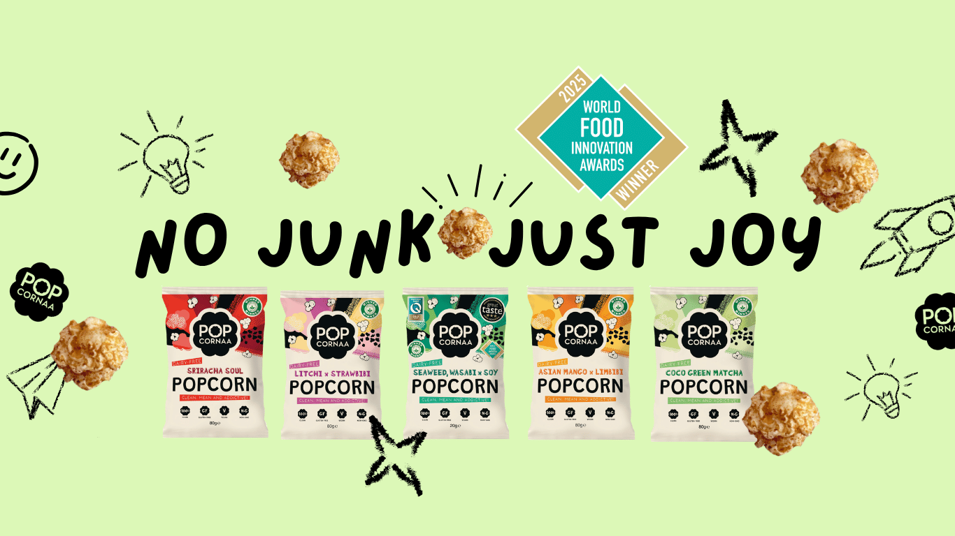 PopCornaa  popcorn packaging with 'No Junk Just Joy' text on a green background