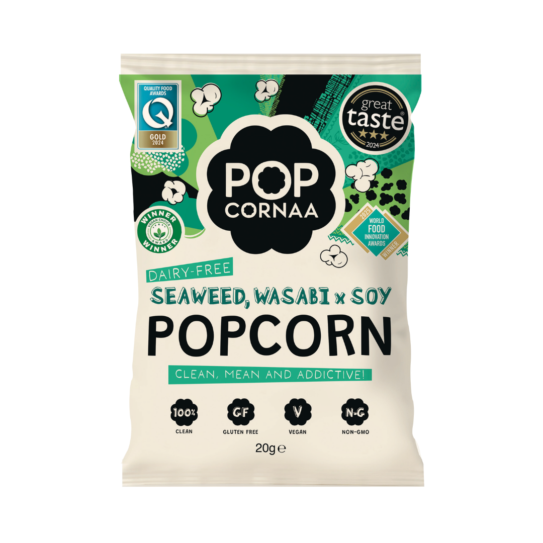 Packaging of Pop Cornaa seaweed, wasabi, and soy popcorn on a white background