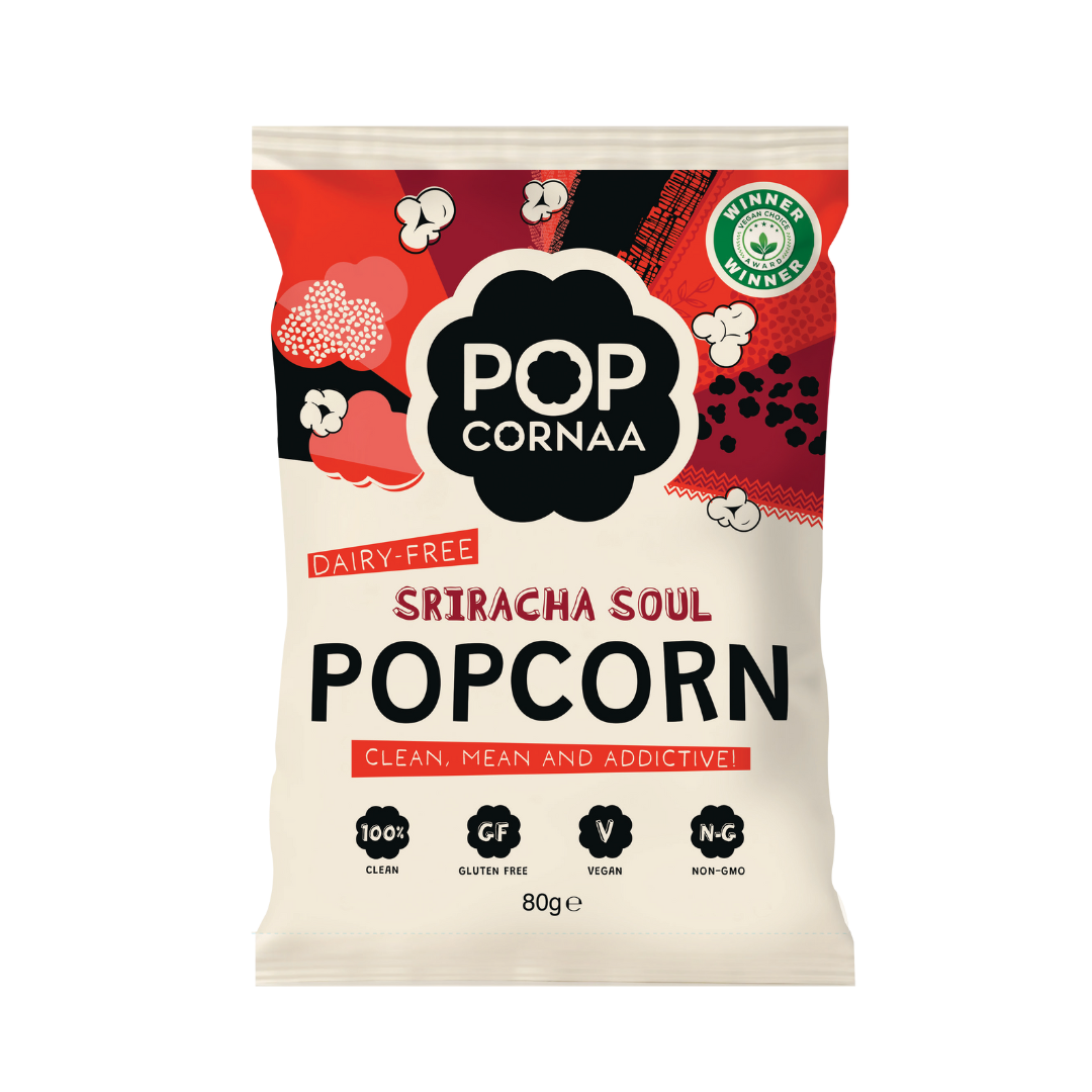 Packaging of Pop Cornaa Sriracha Soul popcorn on a white background